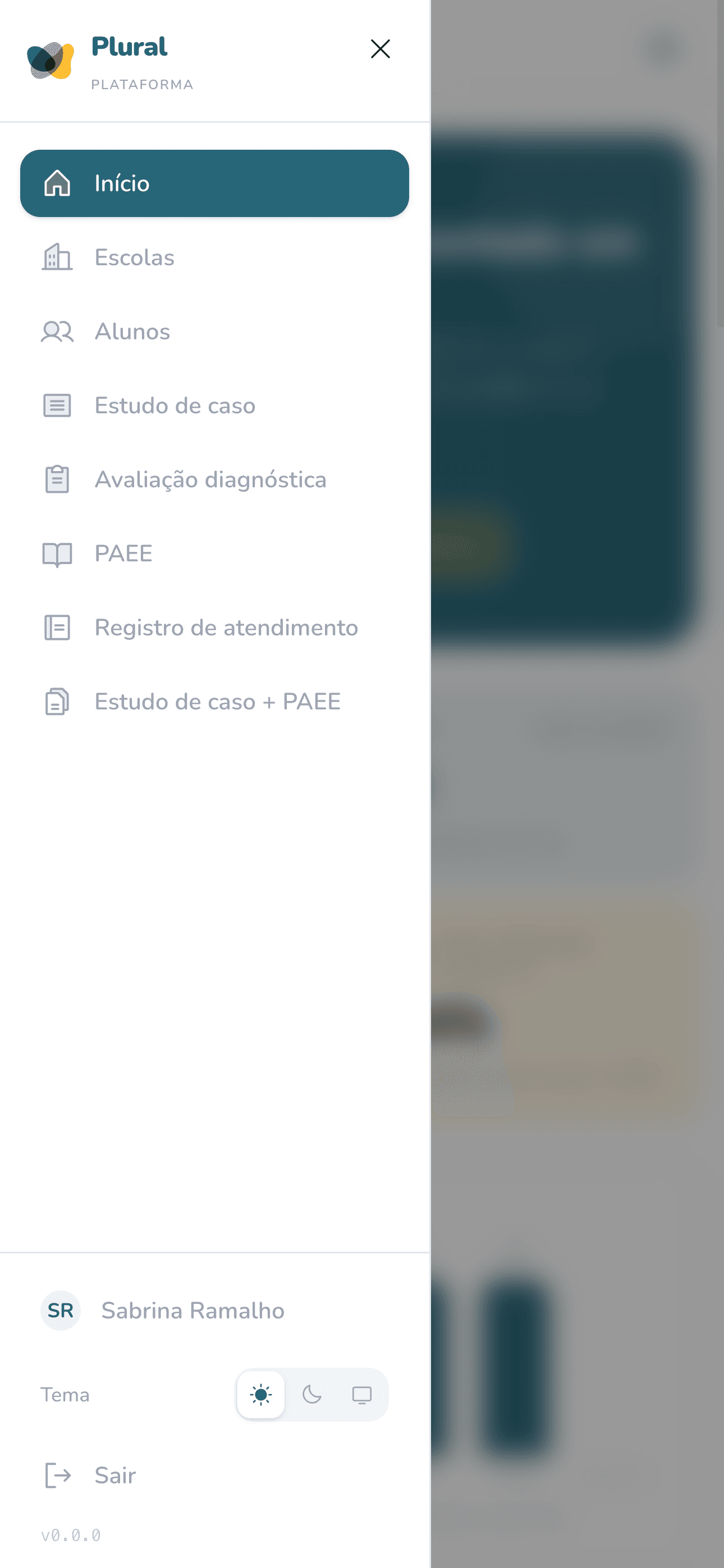 Menu da Plural Plataforma no celular
